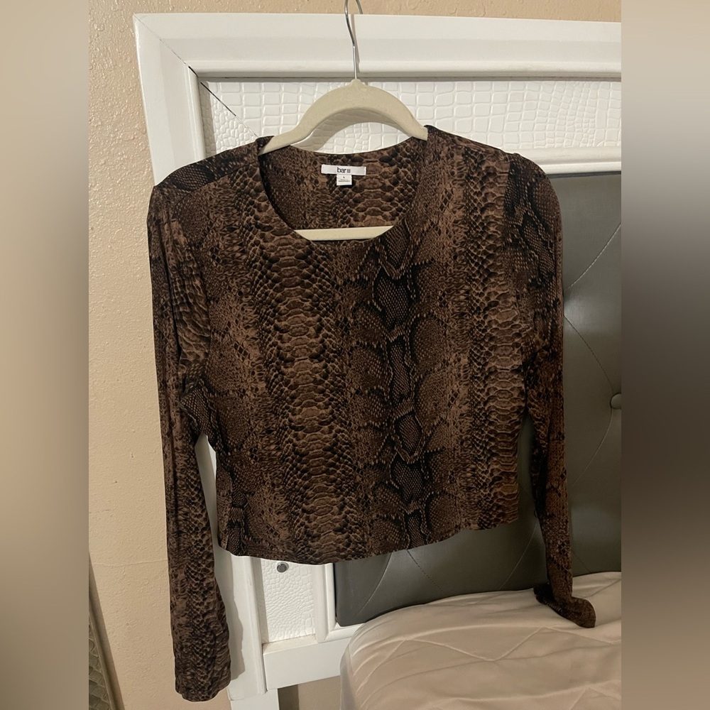 Bar III Brown Snake-Print Long Sleeve Top